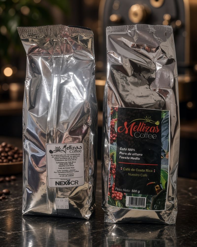 Dos bolsas plateadas de 500 g de Mellizas Coffee sobre un mostrador oscuro: una muestra la etiqueta trasera con el logo de Nexo CR y la otra la etiqueta frontal a color; detrás, desenfocada, una máquina tostadora