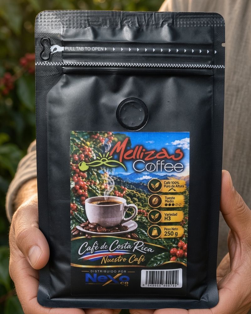 Manos sosteniendo una bolsa de 250 g de Mellizas Coffee frente a plantas de café con frutos rojos