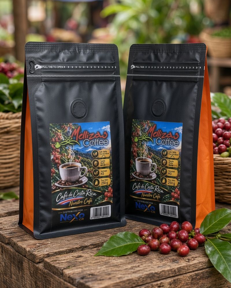Dos bolsas negras de 250 g de Mellizas Coffee sobre una caja de madera con granos de café rojos, en un puesto de mercado