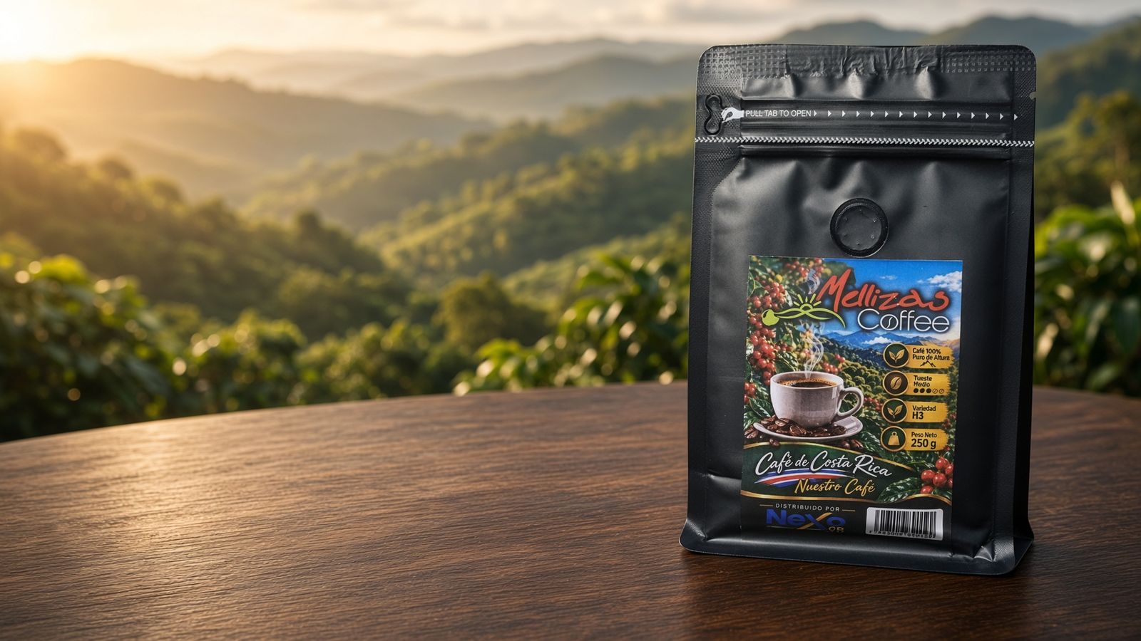 Bolsa de 250 g de Mellizas Coffee sobre una mesa de madera, con montañas cubiertas de cafetales al amanecer de fondo