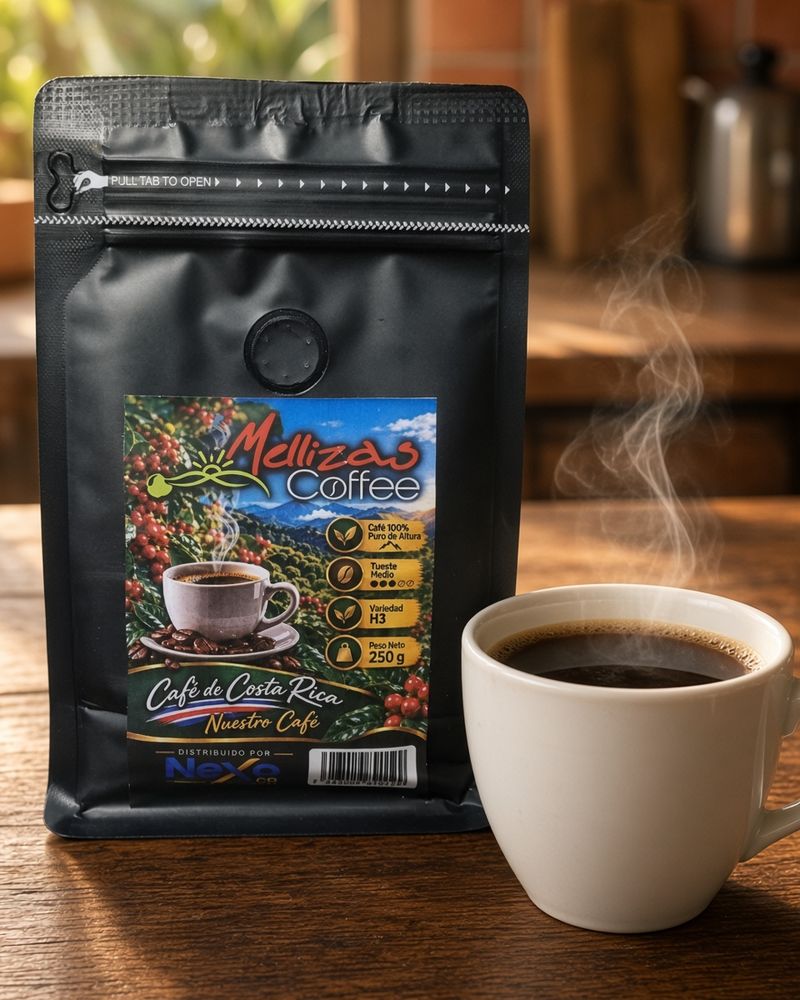 Bolsa de 250 g de Mellizas Coffee junto a una taza blanca de café caliente sobre una mesa de cocina